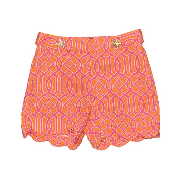 MUD‎ PIE $59 Star Fish Lattice Print Hi-Rise Shorts Scallop Hem Pink Orange XS - Picture 1 of 4